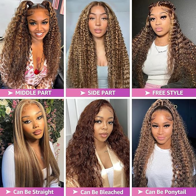 Highlight Ombre 13x6 Lace Front Wig Human Hair 210 Density 18 Inch Deep Wave Honey Blonde Glueless HD Transparent Lace Frontal Wigs for Women