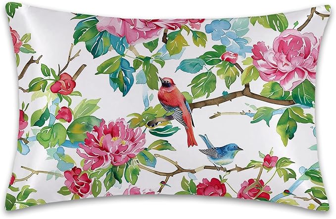 Pink Roses Flowers and Red Birds Satin Pillow Case Queen Size,Soft Pillowcases for Hair and Skin Similar to Silk,Pillowcases with Hidden Zipper Bedding Accessories,20X30 Inches,1 Pack