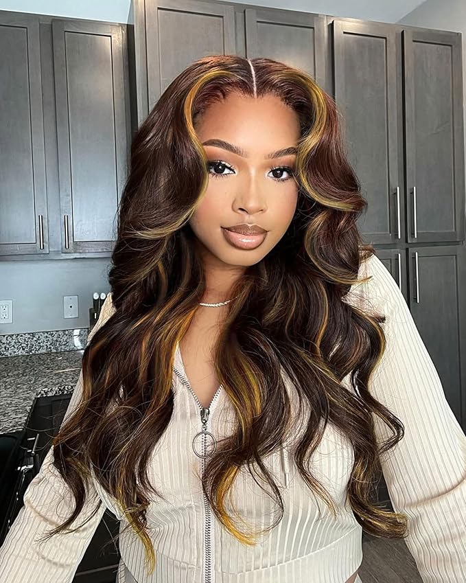 Body Wave 2x6 HD Lace Closure Highlight Yellow Golden Blonde On Chocolate Brown Color Human Hair Transparent Lace Closure 2x6 Long Middle Part 100% Raw Virgin Human Hair 12 Inch 150% Density
