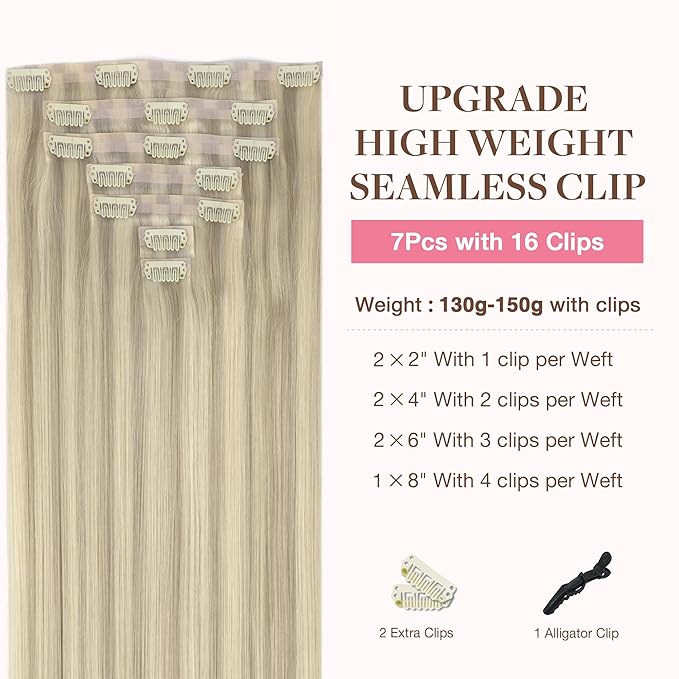 GOO GOO Clip in Hair Extensions Real Human Hair, Remy Human Hair Extensions Clip ins for Women, Natural Human Hair, 16inch 130g 7Pcs, 17A/60A Ash Blonde Highlighted Platinum Blonde