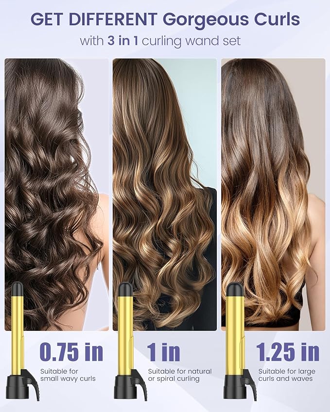 Rotating Curling Iron 3 in 1 Set, Automatic Curling Wand with 3 Interchangeable Ceramic Barrels(0.75" - 1.25"), Instant Heating Hair Culer with 5 Adjustable Temp, Include Heat Resistant Glove & Clips