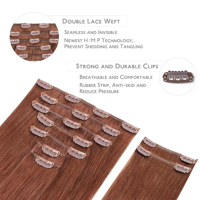 WENNALIFE Clip in Hair Extensions Real Human Hair, 14 Inch 150g 9pcs Human Hair Extensions Clip In, Dark Auburn Copper Hair Extensions Clip In Real Hair Coloured Remy Human Hair Extensions