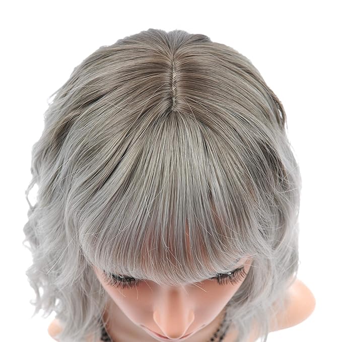 FAELBATY Grey Wigs with Bangs Women Girl's Ombre Grey Bob Wig Synthetic Cosplay Costume Wigs (12" Dark Root Ombre Grey)