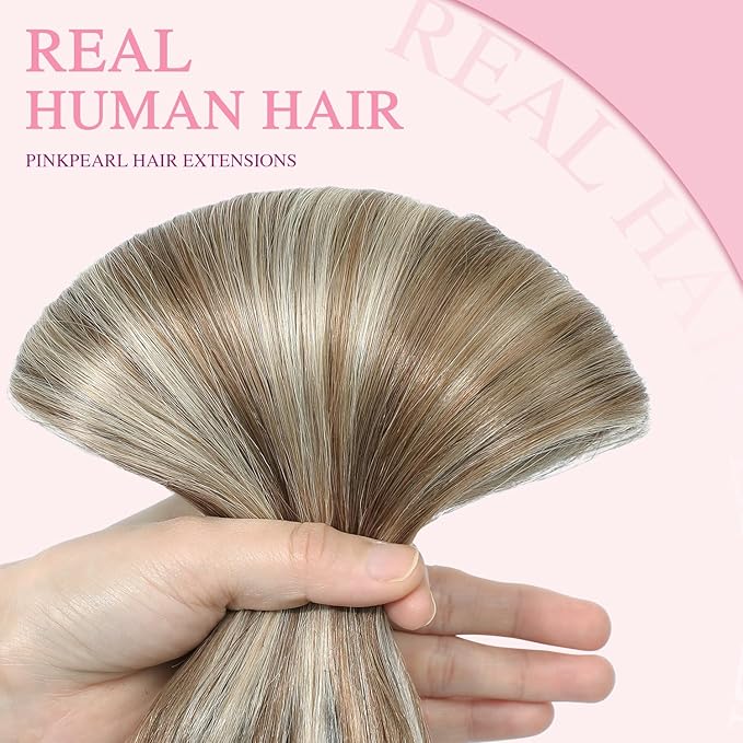 PINKPEARL Clip in Hair Extensions Straight Human Hair #8P60 Ash Brown Highlighted Platinum Blonde Clip in Extensions Remy Real Human Hair Extensions 7pcs 120g 18 Inch(#8P60-18)