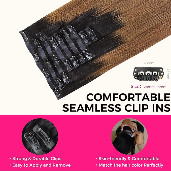 Lashey Seamless Clip in Hair Extensions Human Hair 130g 9pcs 18 Inch Ombre Natural Black to Medium Auburn Straight Clip in Hair Extensions for Women