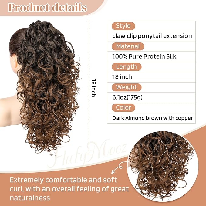 Flufymooz 100％ Pure Protein Ponytail Extension, 18 Inch Curly Claw Clip Ponytail Hair Extensions Natural Soft pony tail hairpiece for women-Dark Almond Brown with Copper