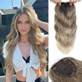 Hair Topper, 360° 3D Hair Toppers for Women with Thinning Crown, 20 Inch Long Wavy Curly Hair Pieces Clip in Bangs (Ombre Highlights Brown with Dark Root, 20 inch, Side Bangs)