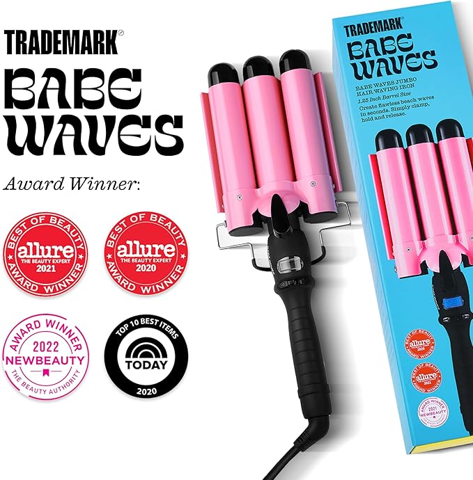 Trademark Beauty Three Barrel Hair Waver, Curling Iron, 1.25 Inch, Beach Waves, Adjustable Temperature Hair Curler, Babe Waves Jumbo - Pink
