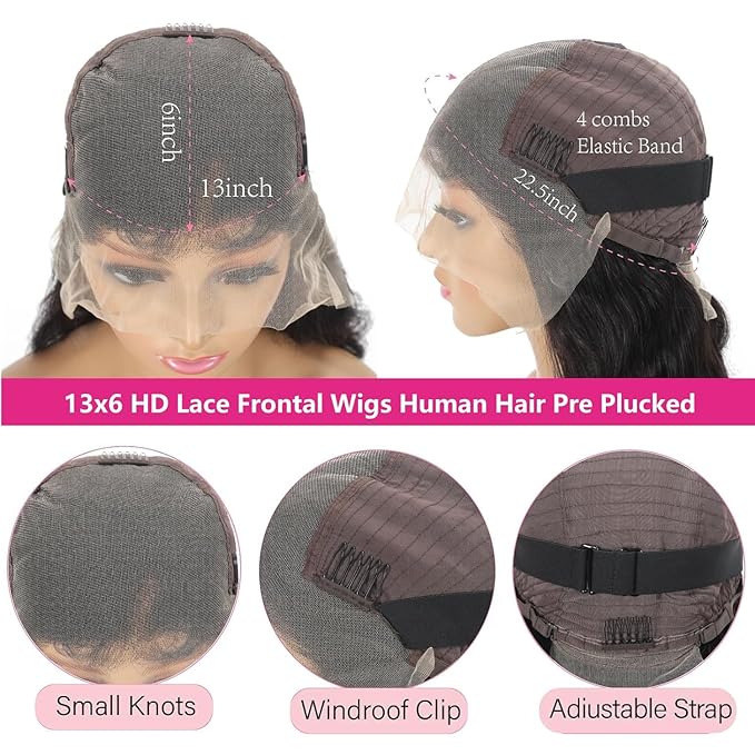18 Inch 13x6 Lace Front Wigs Human Hair 200 Density Body Wave HD Lace Front Wigs Human Hair Pre Plucked Natural Color Glueless Wig 100% Virgin Human Hair Lace Front Wigs for Women