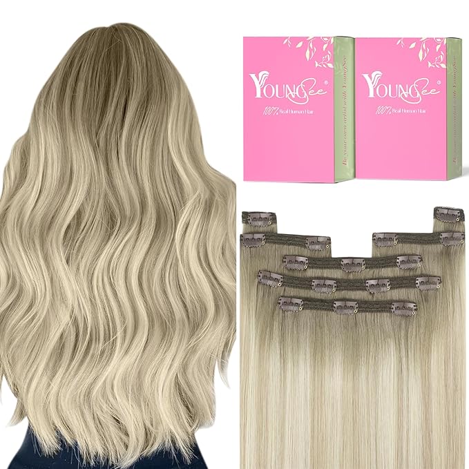 YoungSee Blonde Hair Extensions Clip ins Ombre Ash Blonde Mix Platinum Blond Clip in Hair Extensions Real Human Hair Balayage Clip in Hair Extension Human Hair for Natural Look 7pcs 120g 20inch