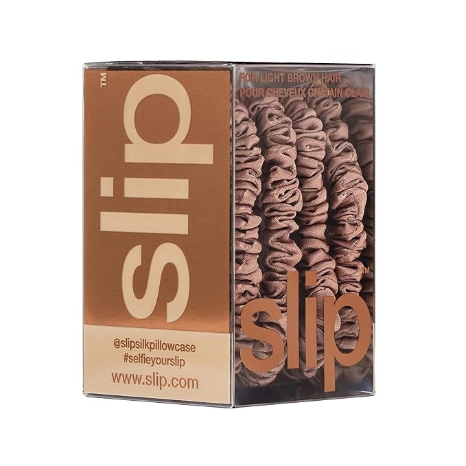 slip Silk Skinny Scrunchies - Light Brown | Set of 4 Skinny Scrunchies | 100% Mulberry Silk, Anti-Crease, Gentle on Hair, Reduces Breakage | Stylish & Durable, Ideal for All Hair Types