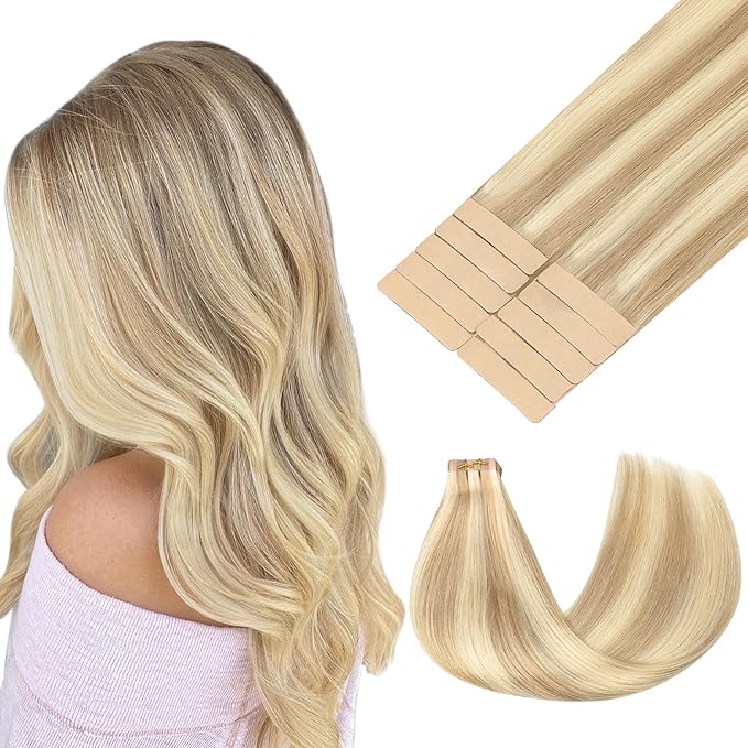 GOO GOO Tape in Hair Extensions Human Hair, 18A/613A Dark Blonde Highlighted Bleach Blonde, 22inch 30g 10pcs, Skin Weft Seamless Invisible, Silky Straight with Thick Ends, Remy Human Hair