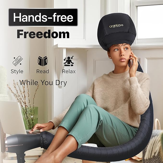 Hooded Hair Dryer Attachment with Dual Turbo Airflow & Soft Headband – Speeds Up Drying for Curly Hair, Reduces Heat on Ears & Neck – Large Hair Dryer Bonnet for Deep Conditioning at Home