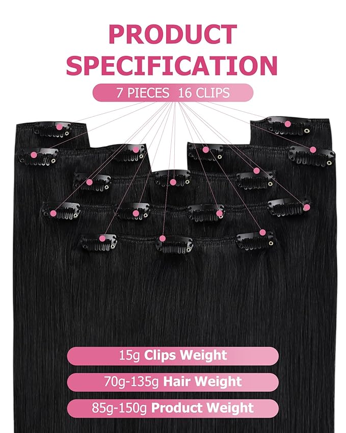 YoungSee 135G Clip in Human Hair Extensions Straight Hair Extensions Clip ins Jet Black Clip on Human Hair Extension Real Human Hair for Full Head 18Inch 7Pcs