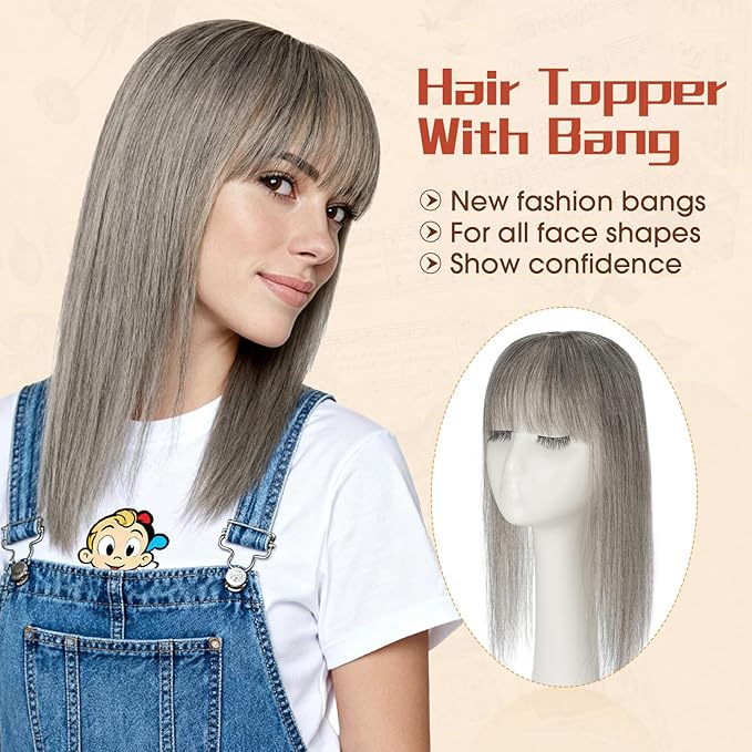 Rich Choices Human Hair Toppers for Women-100% Real Remy Hair Topper with 3D 360°Bang-Upgraded 150% Density 9 * 12CM Lace Base-Clip in Hairs topper for Thinning Hairs-12Inch #G2 Grey