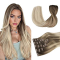 DOORES Hair Extensions Clip in Human Hair, Ash Brown to Dirty Blonde Balayage Platinum Blonde 18 Inch 120g 7pcs, Clip in Hair Extensions Remy Weft Natural Straight Weft for Women