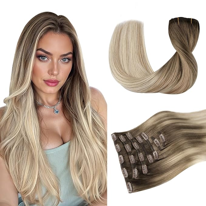 DOORES Hair Extensions Clip in Human Hair, Ash Brown to Dirty Blonde Balayage Platinum Blonde 18 Inch 120g 7pcs, Clip in Hair Extensions Remy Weft Natural Straight Weft for Women