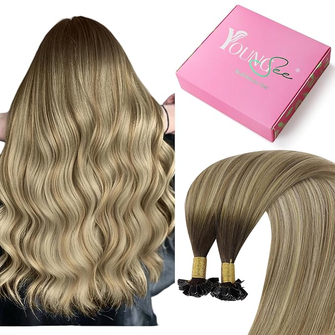 YoungSee Ktip Hair Extensions Human Hair Balayage K Tip Hair Extensions Real Human Hair Balayage Dark Brown to Brown with Blonde 20In 50s/50g