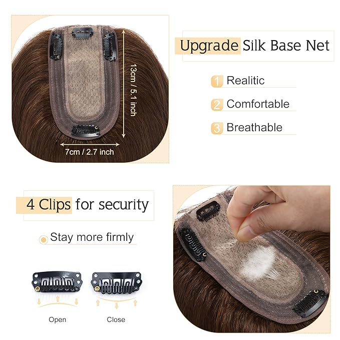 SEGO Human Hair Toppers for Women With Thinning Hair, 7 * 13CM Silk Base 100% Real Human Hair Clip in Top Wiglet Hairpieces -10 Inch No Bangs Medium Brown