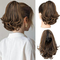 KooKaStyle Ponytail Extension, 10" Short Claw Clip in Pony Tails Hair Extensions Curly Wavy Synthetic Drawstring Hairpieces for Women Fake Ponytail(Dark Brown with Golden Auburn)