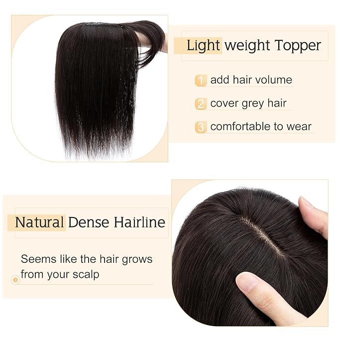 SEGO Hair Toppers for Women Real Human Hair With Bangs, 7 * 13CM Silk Base 100% Remy Human Hair Clip in Top Wiglet Hairpieces Add Volume -12 Inch Natural Black