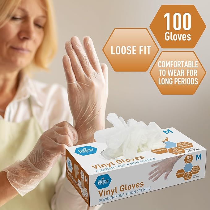 Med PRIDE Vinyl Gloves| Medium Box of 100| 4.3 mil Thick, Powder-Free, Non-Sterile, Heavy Duty Disposable Gloves| Professional Grade for Healthcare, Medical, Food Handling, and More