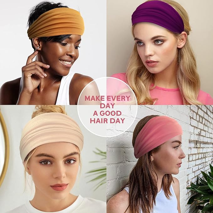 Yeshan Wide Headbands for Women No Slip African Boho Headband Solid Bandana Head bands Elastic Yoga Workout Sweat Bands Running Sport Turban Knotted Headwraps,Pack of 6