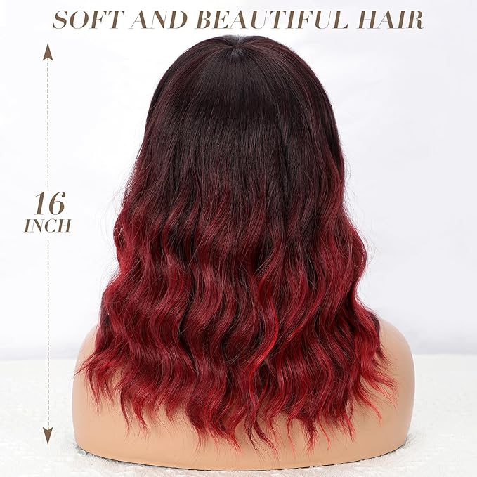 Nnzes Ombre Red Wig with Bangs for Women Bob Wavy Synthetic Wigs with Natural Shoulder Length Curly Heat Resistant Hair for Daily Party Use