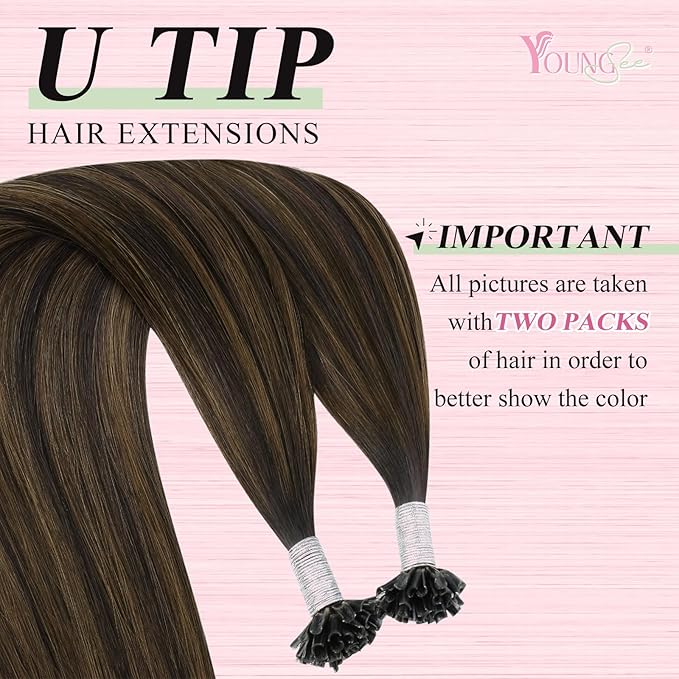 YoungSee U Tip Hair Extensions Brown Balayage U Tip Hair Extensions Human Hair Dark Brown Ombre Browns K-Tip Hair Extension Real Human Hair 24Inch Ktip Extensions for Long Hair 50s/50g