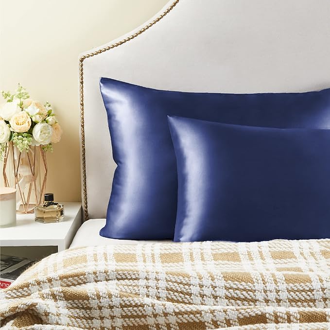 BEDELITE Satin Pillowcase for Hair and Skin, Super Soft and Cooling Similar to Silk Pillow Cases 2 Pack with Envelope Closure, Gift for Women Men(20"x30" Queen Size, Navy)