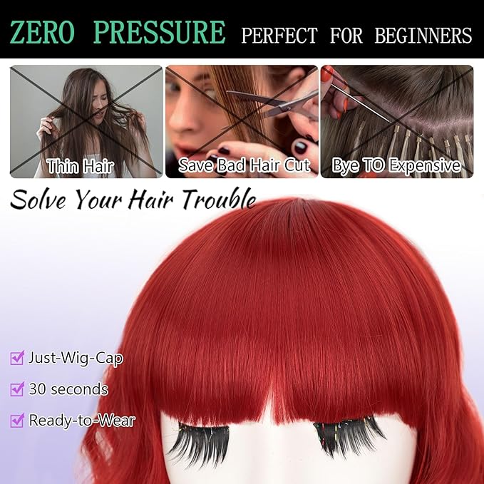 AISI HAIR Red Synthetic Wavy Curly Bob Wig with Bangs Short Wavy Hair for Women Synthetic Heat Resistant Bob Wigs