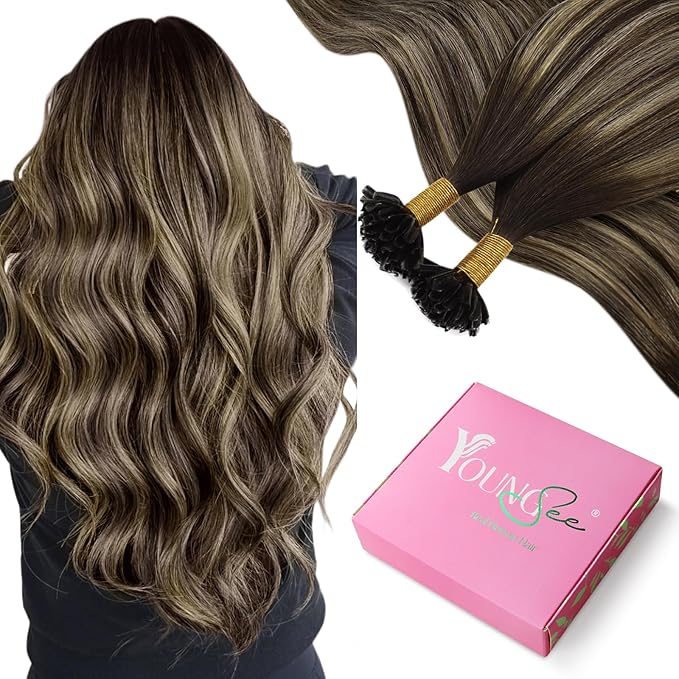 YoungSee Ombre Utip Hair Extensions Balayage Brown Ombre Blonde U Tip Extensions Ombre 18In 50s/50g Silky Straight