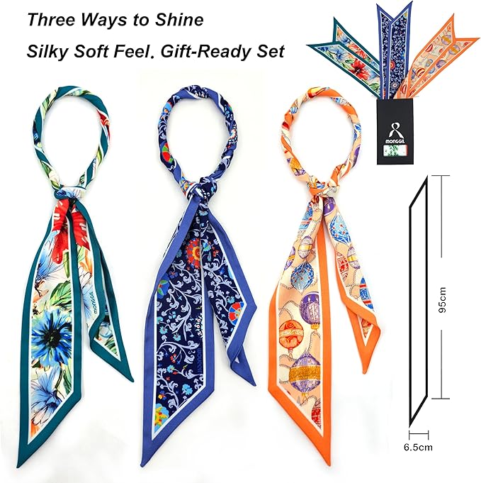 Skinny Scarf 3 Pack for Women – Bag Scarf, Silk Hair Scarves (Original Prints, Premium Twill, 3 Designs)