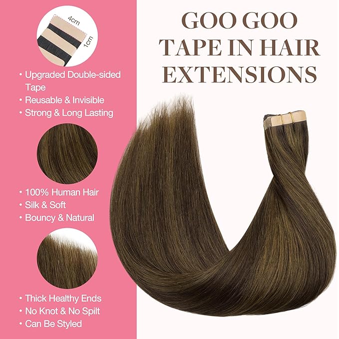 GOO GOO Tape in Hair Extensions Human Hair, 2C/4E/6C Brown Sugar Swirl Highlights, 18inch 50g 20pcs, Skin Weft Seamless Invisible, Silky Straight with Thick Ends, Remy Human Hair
