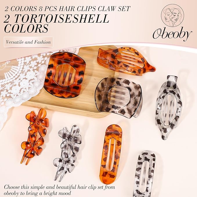 Obeoby 8 Pcs Flat Hair Clips for Women, 4 Types French Flat Claw Clips Hair Accessories Barrettes Large Medium (Tortoiseshell)