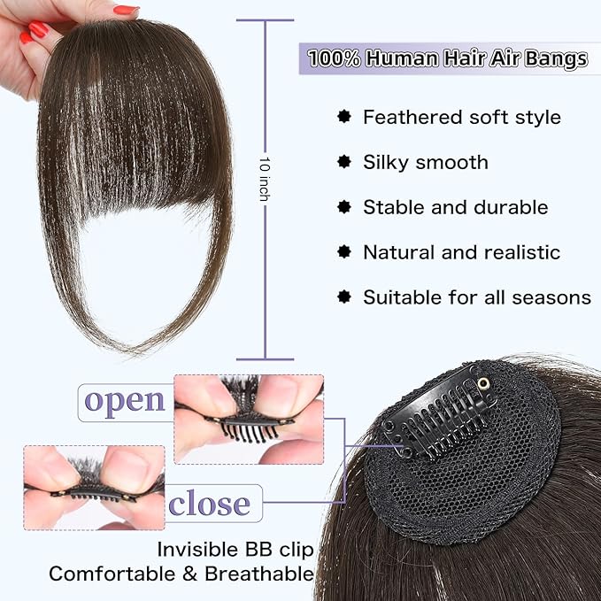 Wispy Bangs Hair Clip, 100% Human Hair Clip In Dark Brown Bangs for Women, Soft Layered Fake Bangs with Feathered Fringe, Easy Clip-On Design for Daily Wear & Halloween