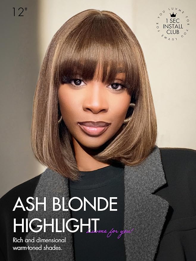 LUVME HAIR 12Inch Ash Blonde Highlights Yaki Blunt Cut Bob Wig with Bangs Glueless Minimalist Lace Short Wig Breathable Cap