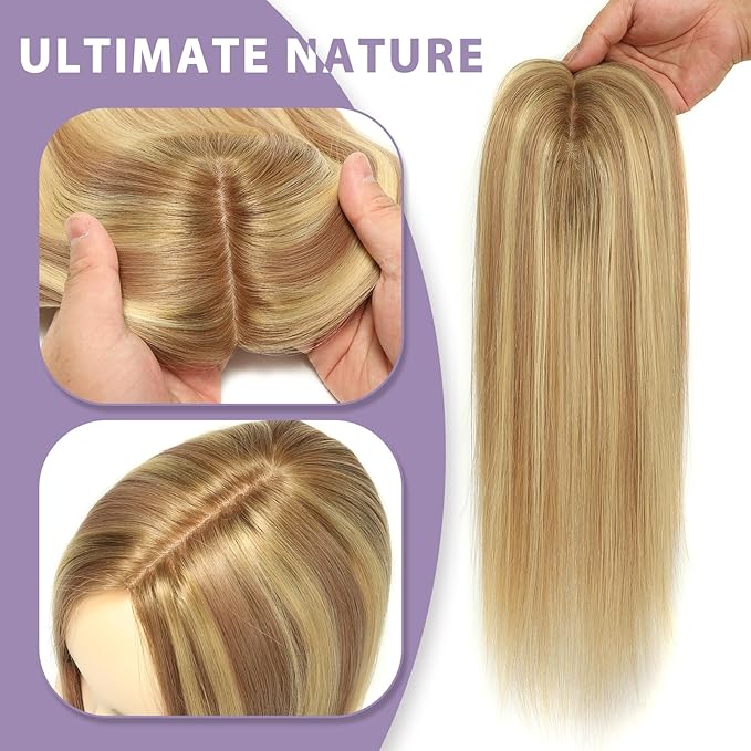 Real Human Hair Toppers for Women #TLQ, 3x5 Inch Injected Silk Base 130% Density 16 Inch Length Hair Toppers