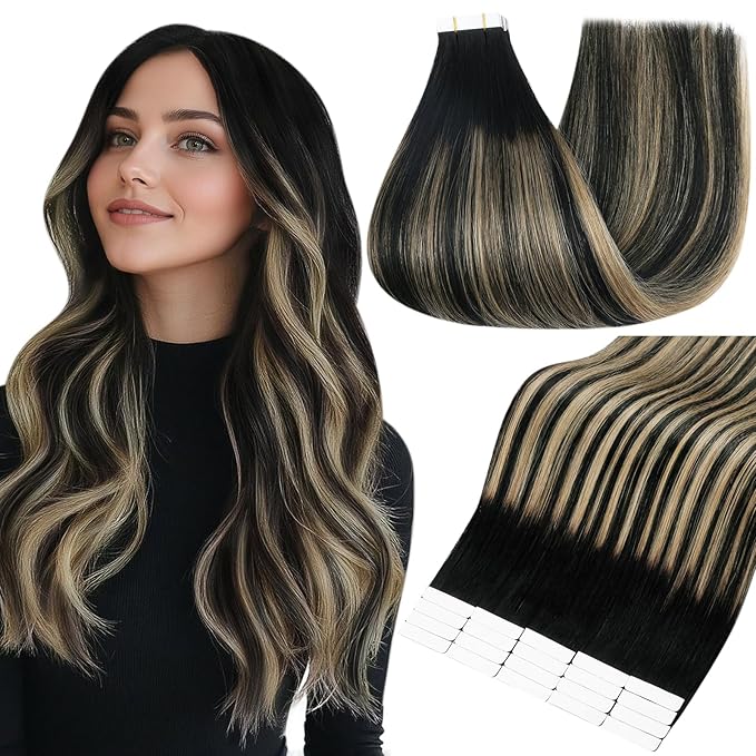 Full Shine Tape in Extensions Color 1B/27/1B Black with Blonde Human Hair Extensions Tape Ins 18 Inch Ombre Remy Extensions 20PCS Seamless Tape Hair Extensions Real Human Hair 50g for Party