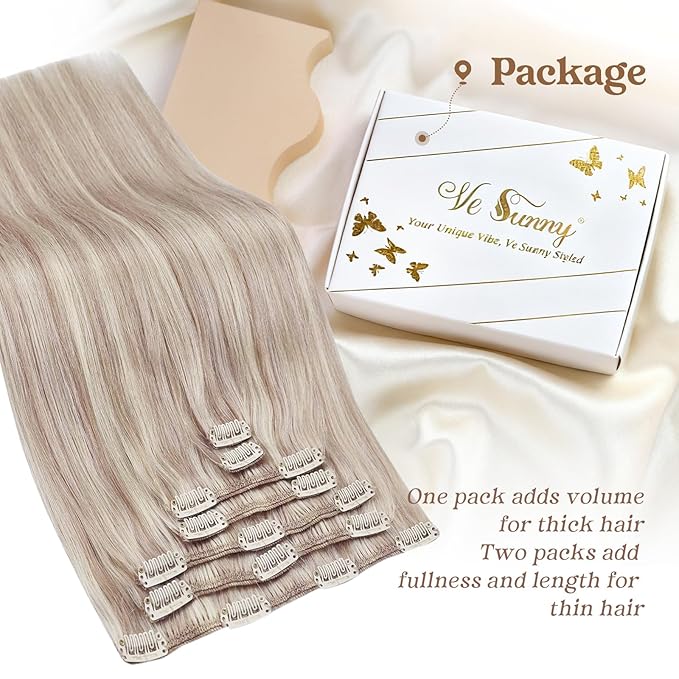 Ve Sunny Human Hair Clip in Extensions Ash Blonde Highlight Bleach Blonde Real Human Hair Extensions Clip ins for Thick Hair 120g 7pcs 14inch