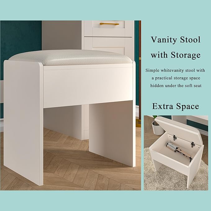 Vanity Desk with Mirror and Lights, 37 inch Vanity Set with Storage Chair & Power Outlet, White Makeup Vanity with 3 Drawers & Large Cabinet, 3 Colors Lighting Adjustable Brightness, Hair Dryer Rack