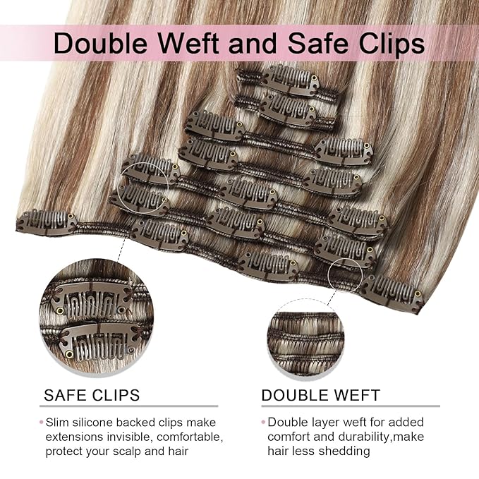 Pro2.0 Clip in Hair Extensions Real Human Hair 22inch 7pcs #8p60 Brown Highlights Platinum Blonde Real Hair Extensions Clip in Human Hair 120g Double Weft（#8p60-22inch）
