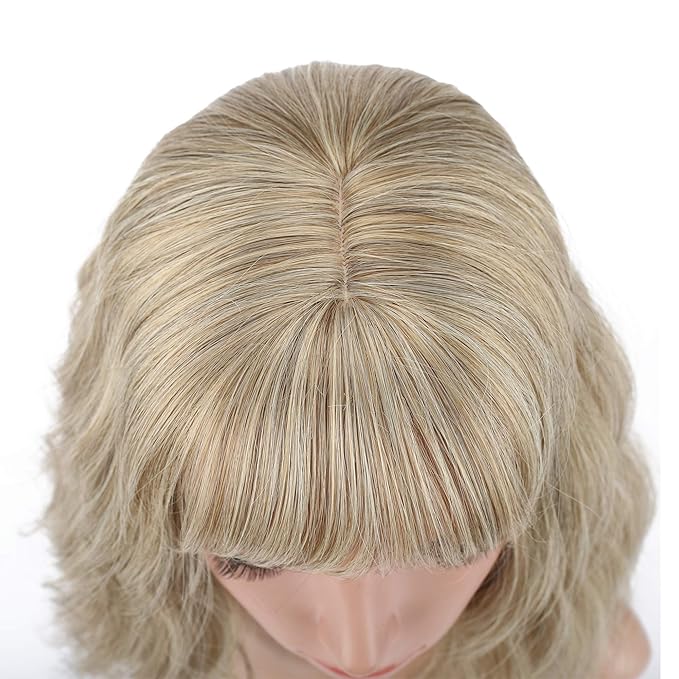 FAELBATY Blond Wig Short Bob Wigs With Air Bangs Shoulder Length Women's Wig Curly Wavy Synthetic Cosplay Wig for Girl Costume Wigs Mix Khaki Blonde Gold Color
