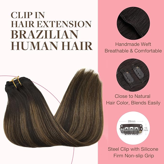 GOO GOO Clip in Hair Extensions Real Human Hair, Remy Human Hair Extensions Clip ins for Women, Natural Human Hair, 20inch 160g 7Pcs, #2/6/2 Balayage Dark Brown to Chestnut Brown