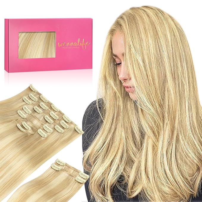 WENNALIFE Clip in Hair Extensions, 150g 18 Inch 9pcs Light Blonde Highlighted Golden Blonde Human Hair Extensions Thicker Real Human Hair Clip Set Double Weft