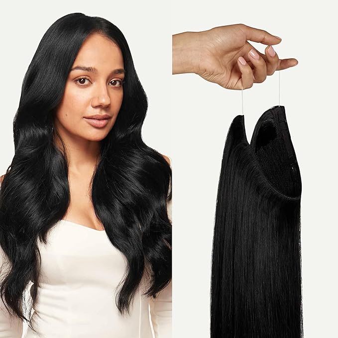 Luxy 100% Remy Human Hair – Halo Clip-In Hair Extensions –Natural Looking Volume & Length - One-Piece - Easy 5-Min Application 150 grams 12" Jet Black Halo