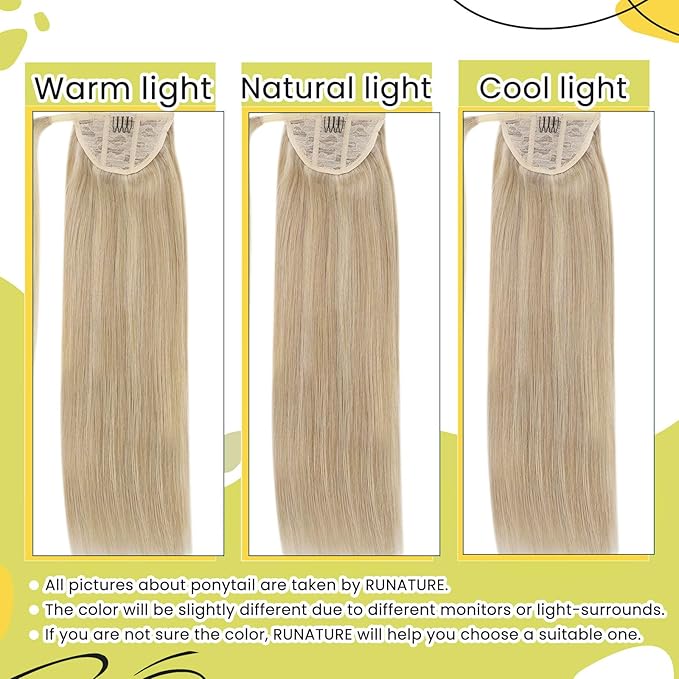 RUNATURE Blonde Hair Ponytail Extension, Real Human Hair Ponytail Extension, Natural Remy Hair for Women, Easy to Install, Long Ponytail 20 Inch 80g #16P22 Beige Blonde Highlights