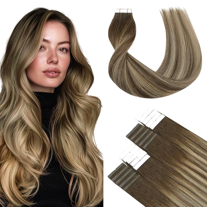 SURNEL Tape in Hair Extensions Balayage Chocolate Brown to Caramel Blonde Tape in Hair extensions Human Hair 14 inch 20pcs 50g (#4/27/4-14)