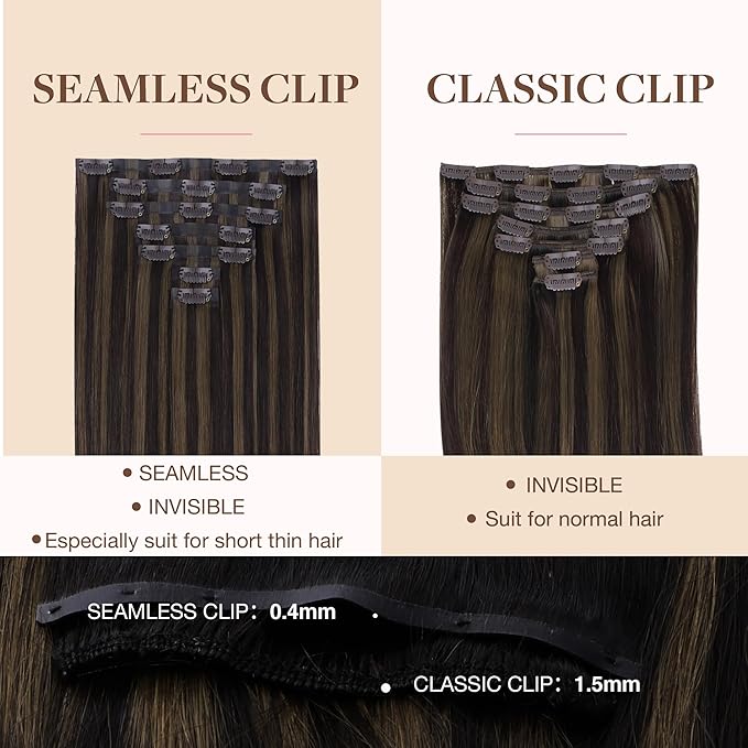 GOO GOO Clip in Hair Extensions Real Human Hair, Remy Human Hair Extensions Clip ins for Women, Natural Human Hair, 14inch 110g 7 Pcs, #2/6 Dark Brown Highlighted Chestnut Brown