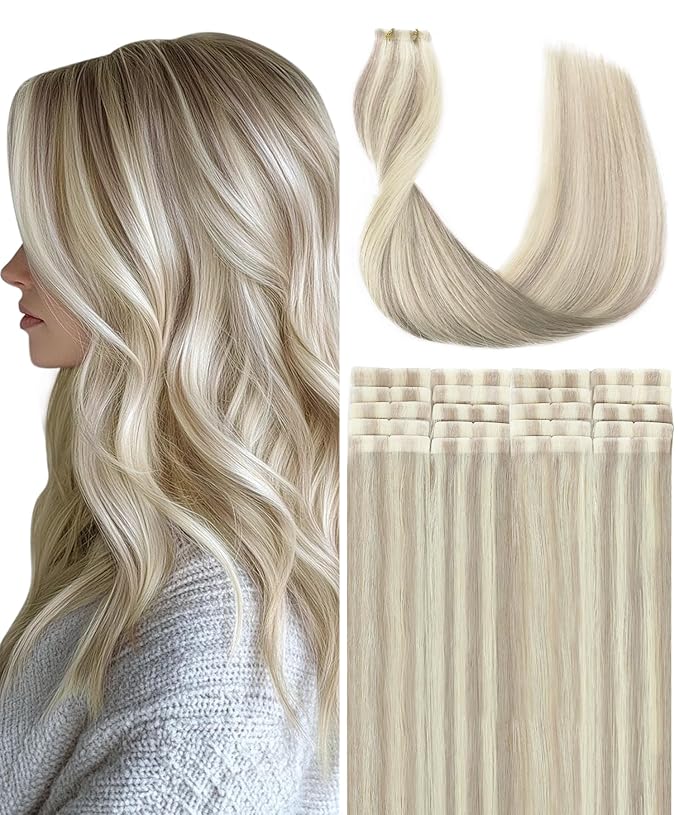 SURNEL Injected Tape in Hair Extensions #18P60 Ash Blonde with Platinum Blonde Seamless Remy Invisible Tape in Extensions Human Hair 20 Pcs 40g(#18P60,18)